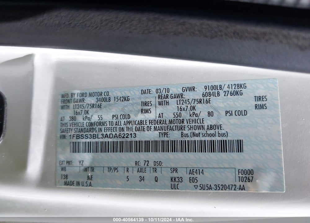 2010 FORD E-350 SUPER DUTY XL/XLT VIN: 1FBSS3BL3ADA62213