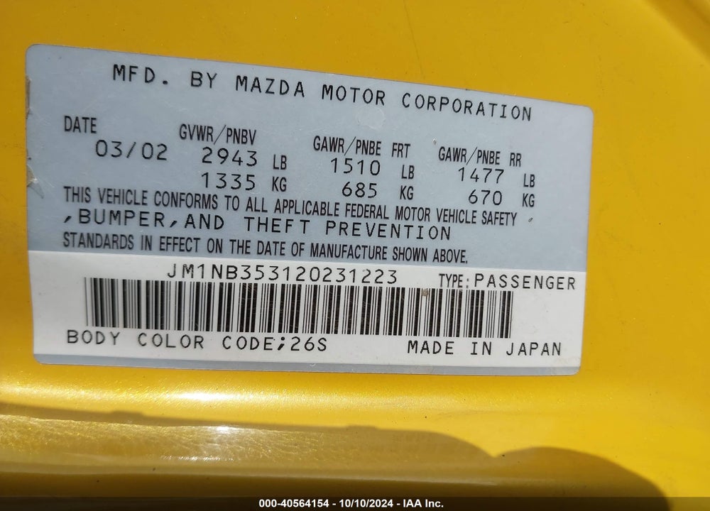 2002 MAZDA MX-5 MIATA CLOTH/LS/SE VIN: JM1NB353120231223