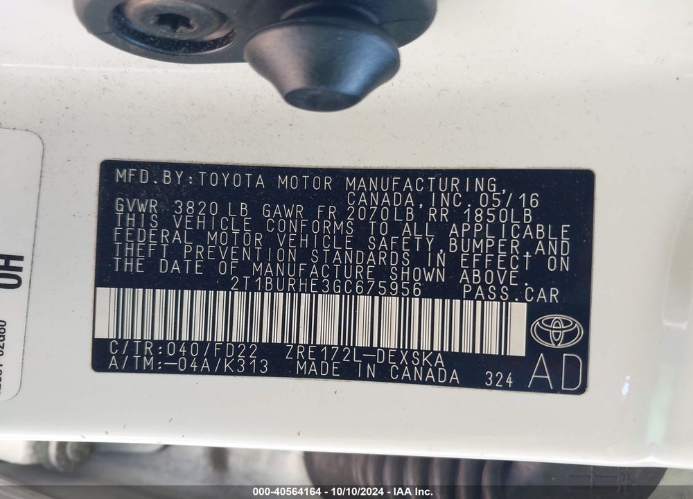 2016 TOYOTA COROLLA S PLUS VIN: 2T1BURHE3GC675956