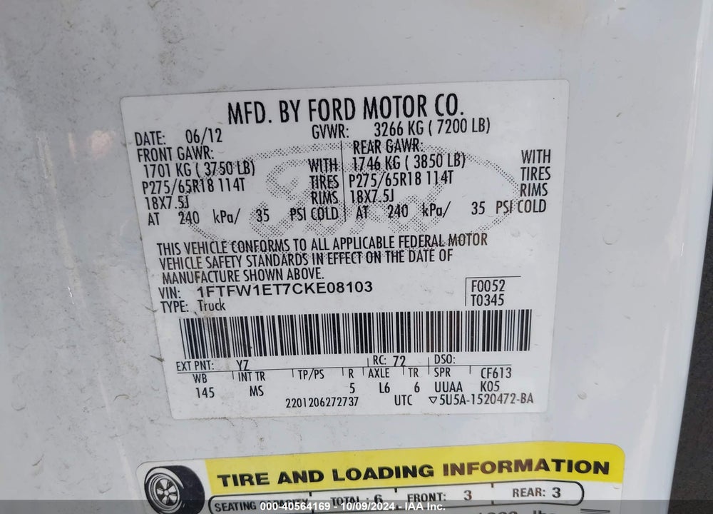 2012 FORD F-150 XLT VIN: 1FTFW1ET7CKE08103