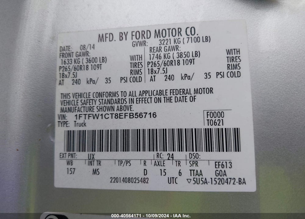 2014 FORD F-150 XLT VIN: 1FTFW1CT8EFB56716
