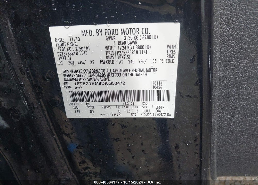 2013 FORD F-150 XLT VIN: 1FTEX1EM9DKG53472