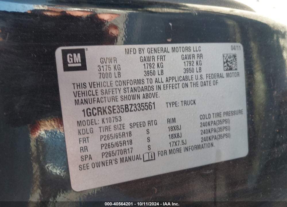 2011 CHEVROLET SILVERADO 1500 LT VIN: 1GCRKSE35BZ335561