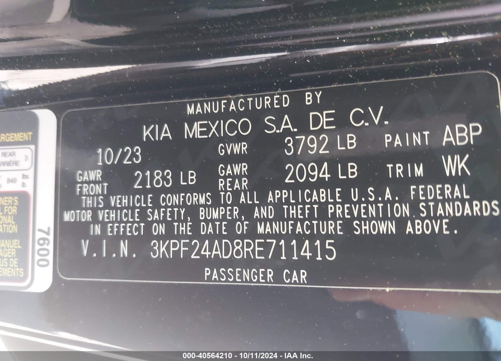 2024 KIA FORTE LX VIN: 3KPF24AD8RE711415