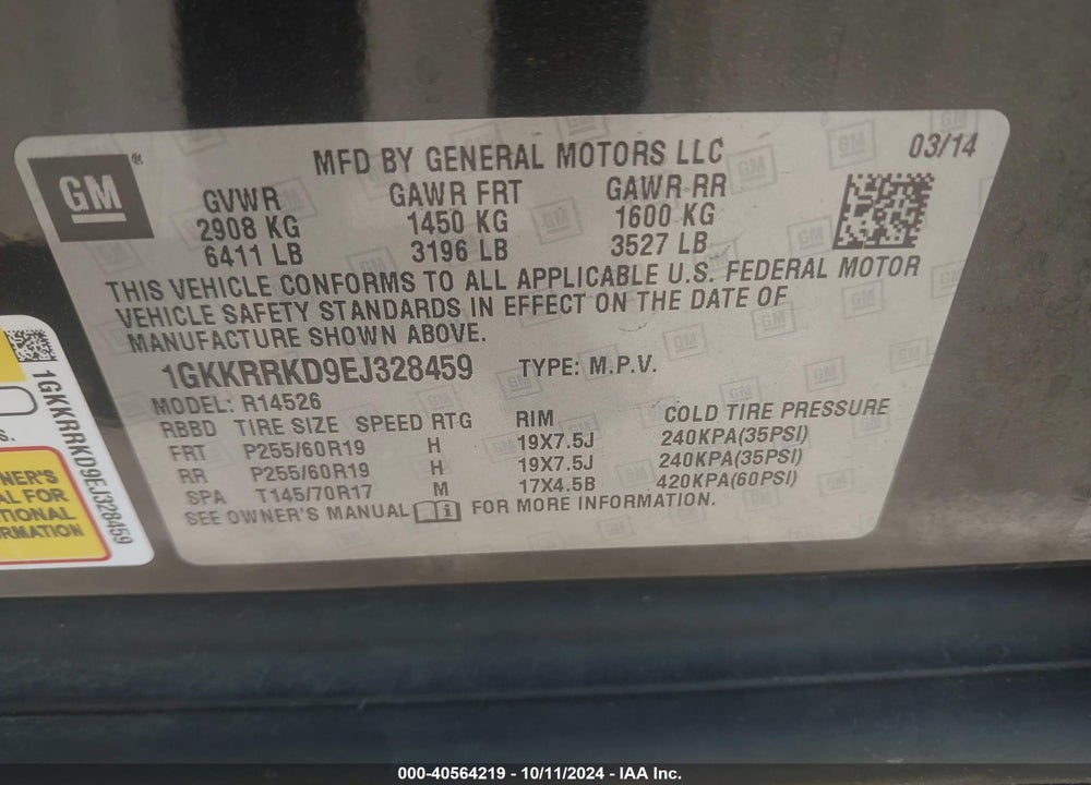 2014 GMC ACADIA SLT-1 VIN: 1GKKRRKD9EJ328459