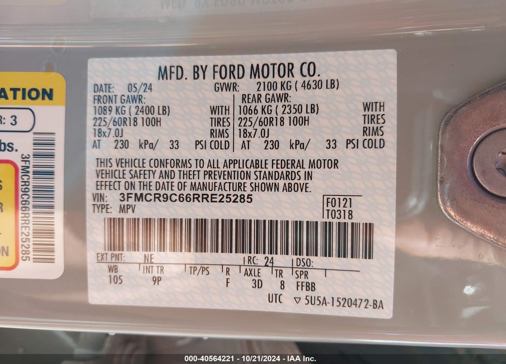 2024 FORD BRONCO SPORT OUTER BANKS VIN: 3FMCR9C66RRE25285