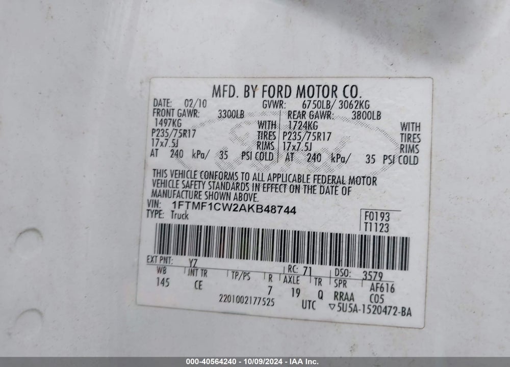 2010 FORD F-150 STX/XL/XLT VIN: 1FTMF1CW2AKB48744