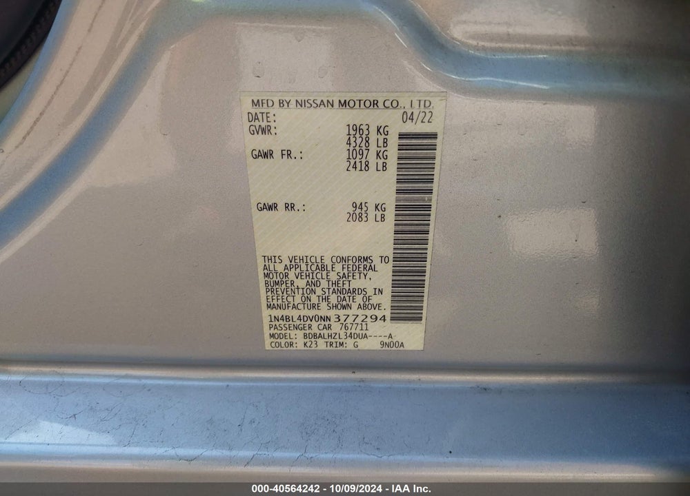 2022 NISSAN ALTIMA SV FWD VIN: 1N4BL4DV0NN377294