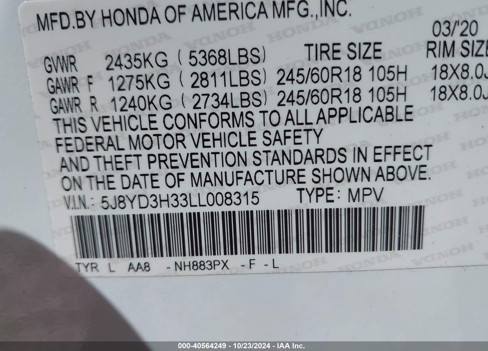 2020 ACURA MDX STANDARD VIN: 5J8YD3H33LL008315