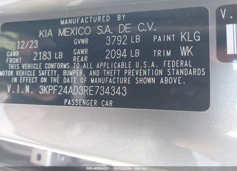 2024 KIA FORTE LXS VIN: 3KPF24AD3RE734343