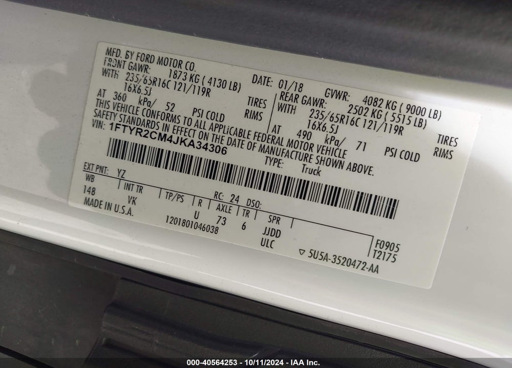 2018 FORD TRANSIT-250 VIN: 1FTYR2CM4JKA34306