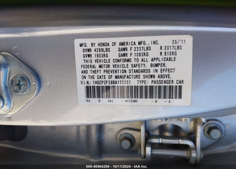 2011 HONDA ACCORD 2.4 LX VIN: 1HGCP2F38BA130001