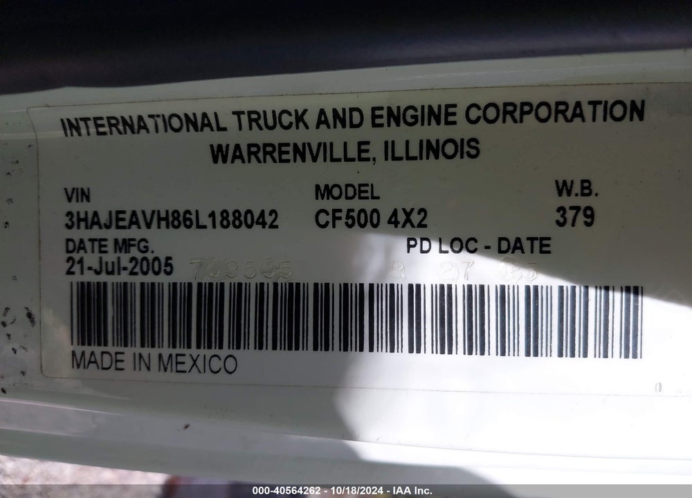 2006 INTERNATIONAL CF 500 VIN: 3HAJEAVH86L188042