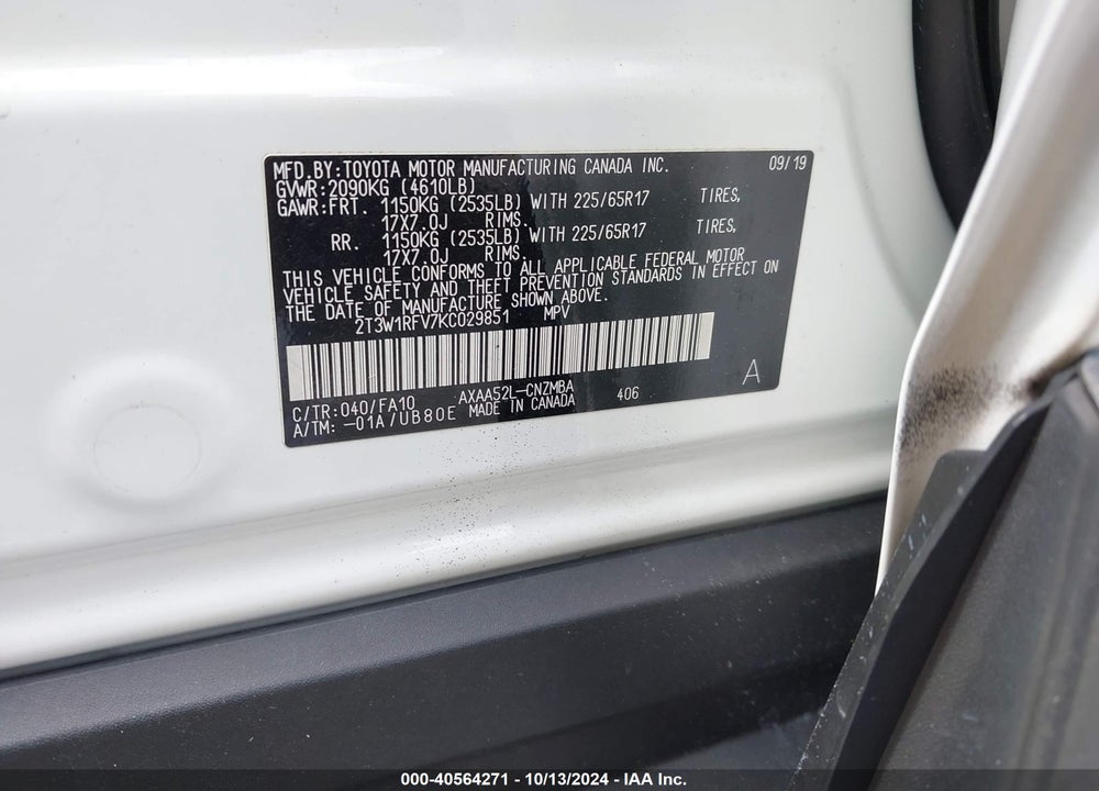 2019 TOYOTA RAV4 XLE VIN: 2T3W1RFV7KC029851