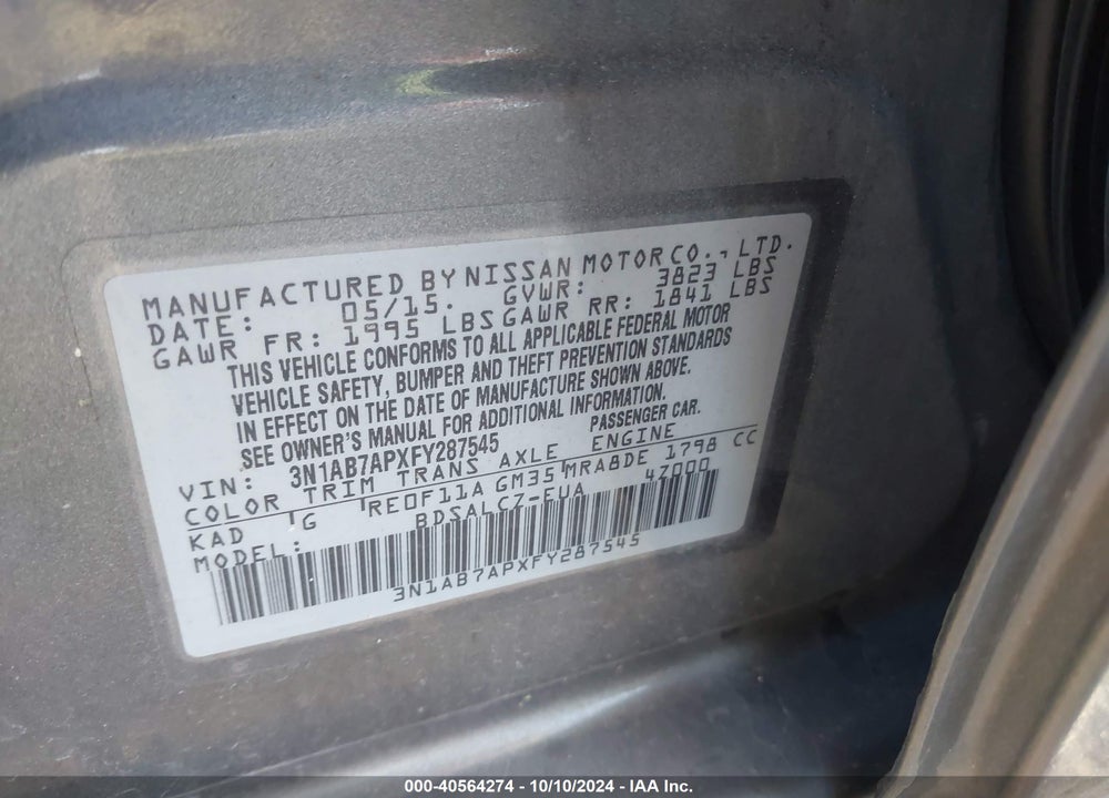 2015 NISSAN SENTRA S VIN: 3N1AB7APXFY287545