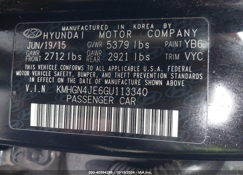 2016 HYUNDAI GENESIS 3.8 VIN: KMHGN4JE6GU113340