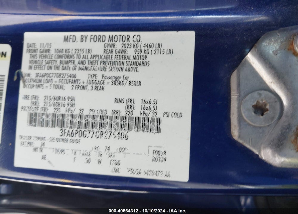 2016 FORD FUSION S VIN: 3FA6P0G77GR275406