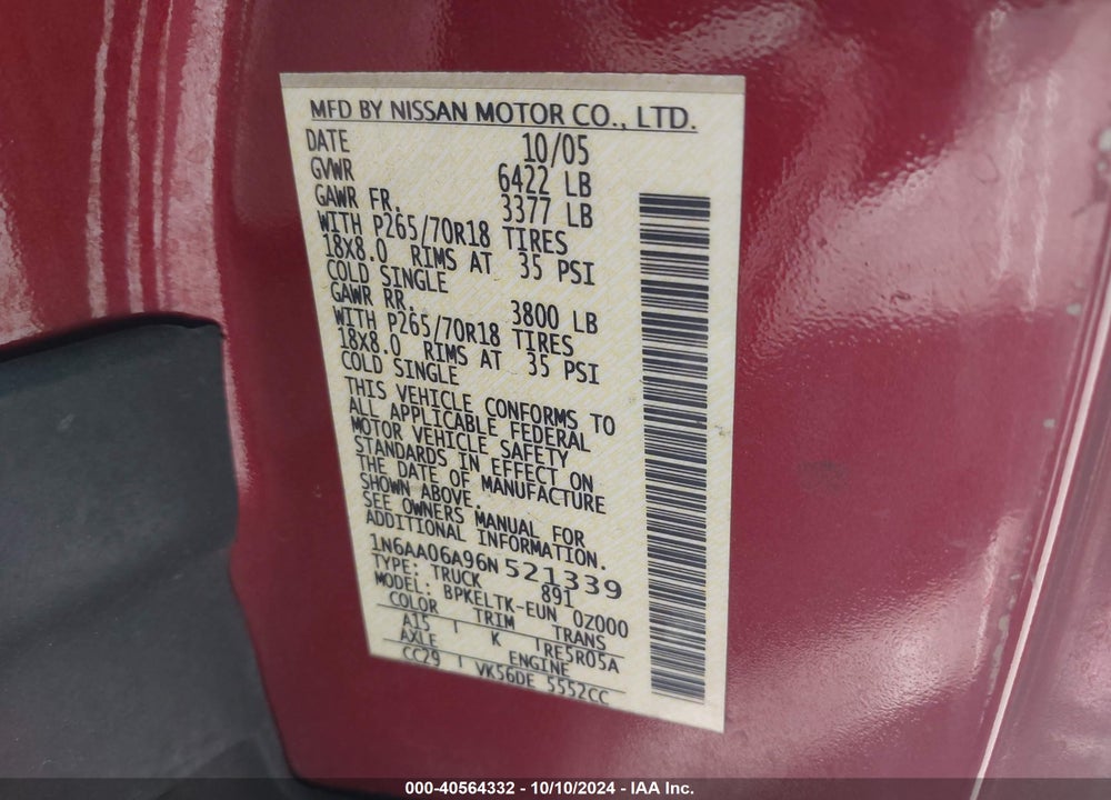 2006 NISSAN TITAN SE VIN: 1N6AA06A96N521339