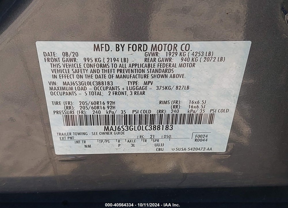 2020 FORD ECOSPORT SE VIN: MAJ6S3GL0LC388183