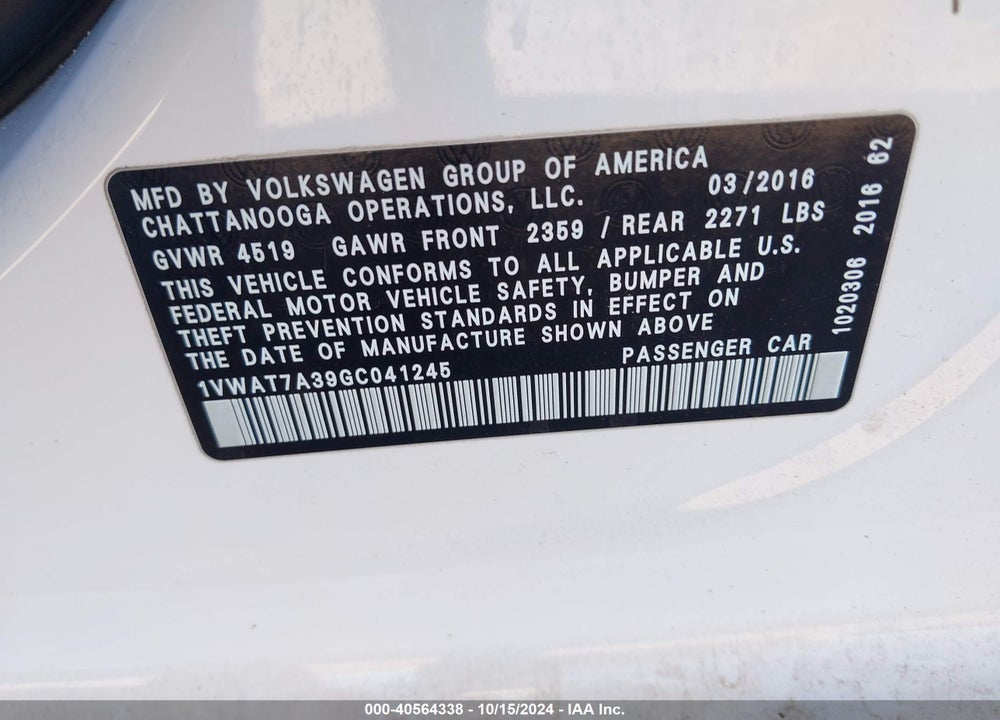 2016 VOLKSWAGEN PASSAT 1.8T S VIN: 1VWAT7A39GC041245
