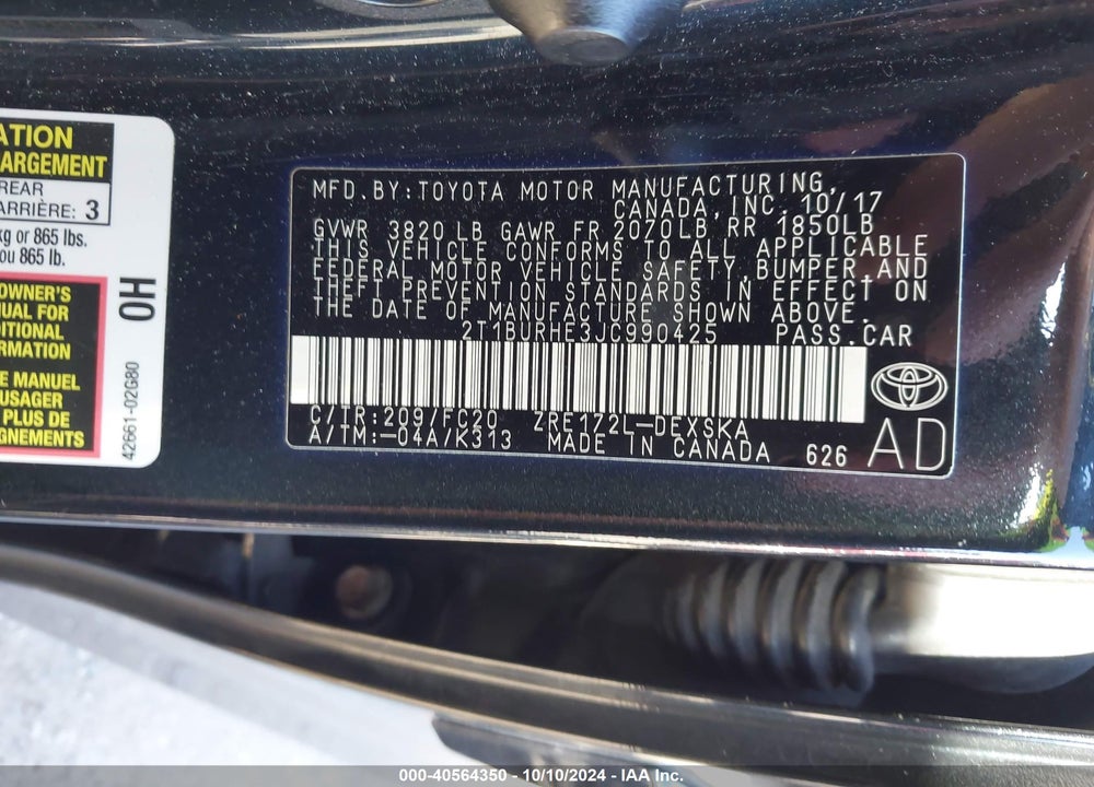 2018 TOYOTA COROLLA SE VIN: 2T1BURHE3JC990425