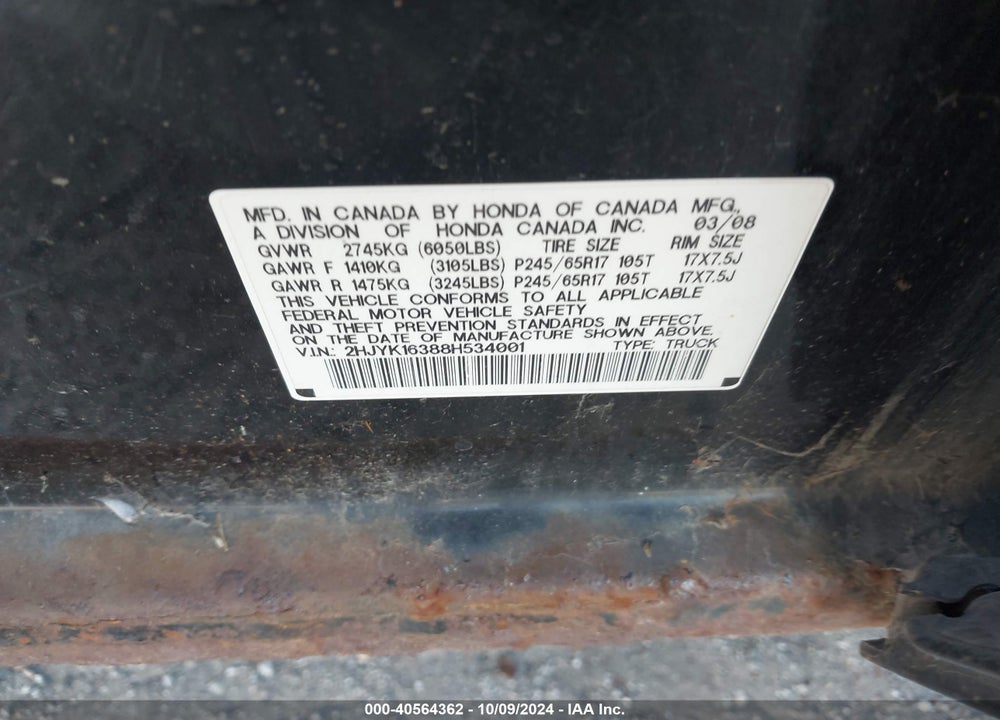 2008 HONDA RIDGELINE RTX VIN: 2HJYK16388H534001
