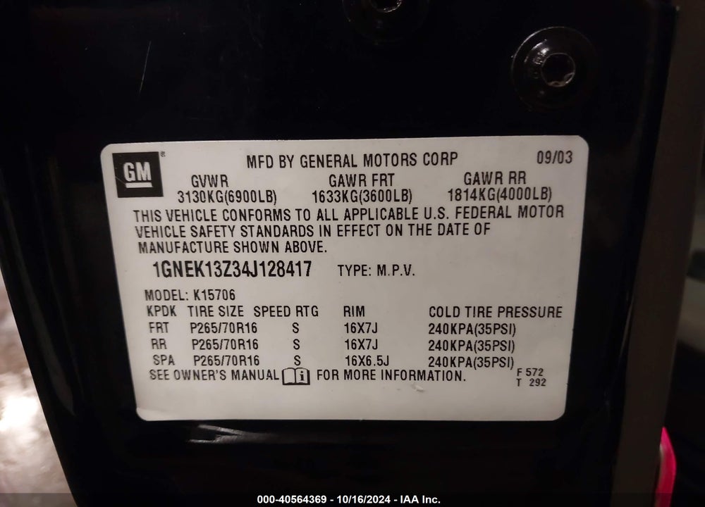 2004 CHEVROLET TAHOE LS VIN: 1GNEK13Z34J128417