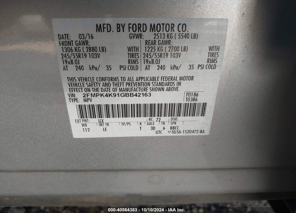 2016 FORD EDGE TITANIUM VIN: 2FMPK4K91GBB42163