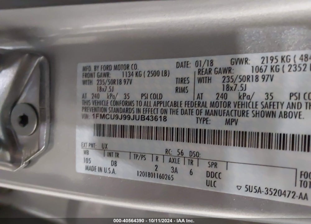 2018 FORD ESCAPE VIN: 1FMCU9J99JUB43618