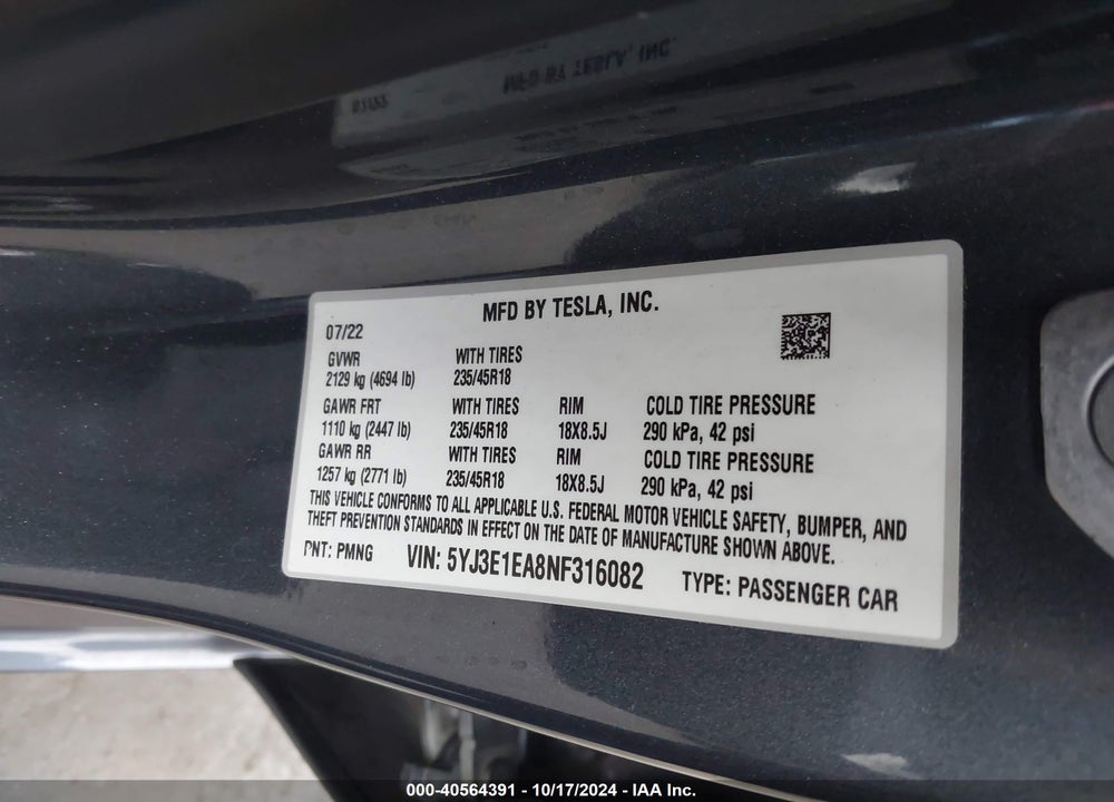 2022 TESLA MODEL 3 REAR-WHEEL DRIVE VIN: 5YJ3E1EA8NF316082