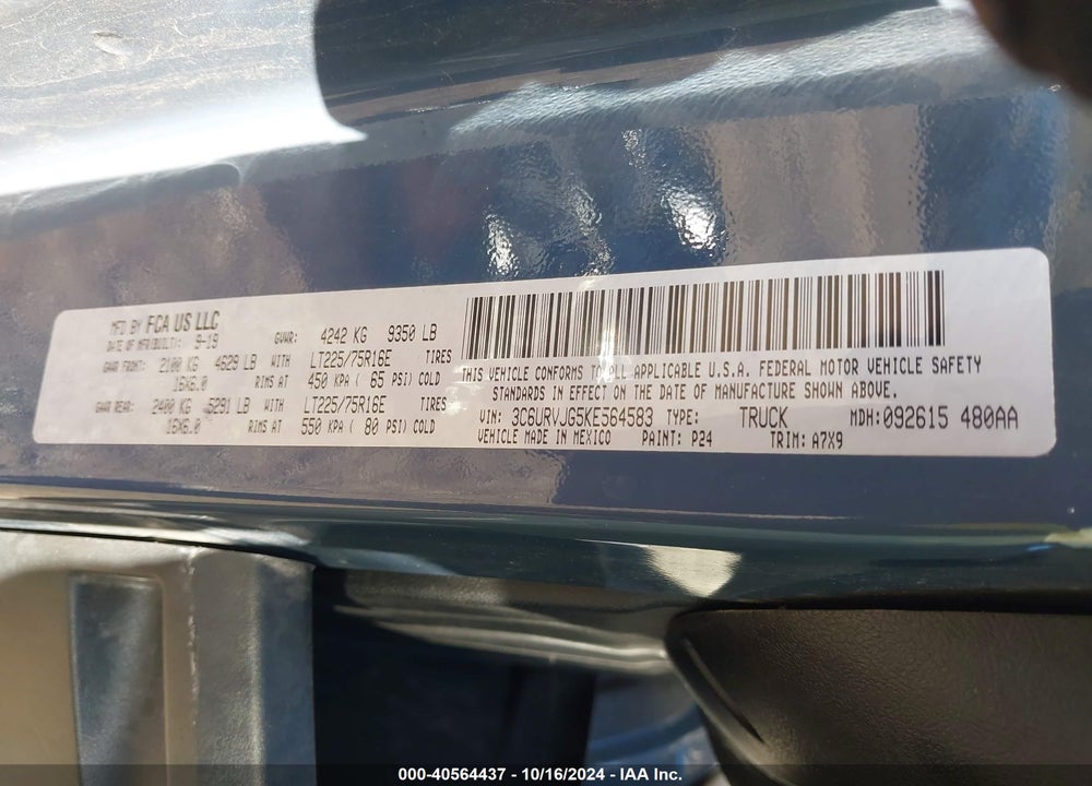 2019 RAM PROMASTER 3500 CARGO VAN HIGH ROOF 159 WB EXT VIN: 3C6URVJG5KE564583