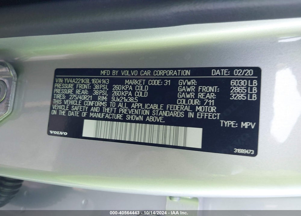 2020 VOLVO XC90 VIN: YV4A221K8L1604143