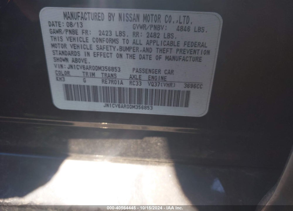 2013 INFINITI G37X VIN: JN1CV6AR0DM356853
