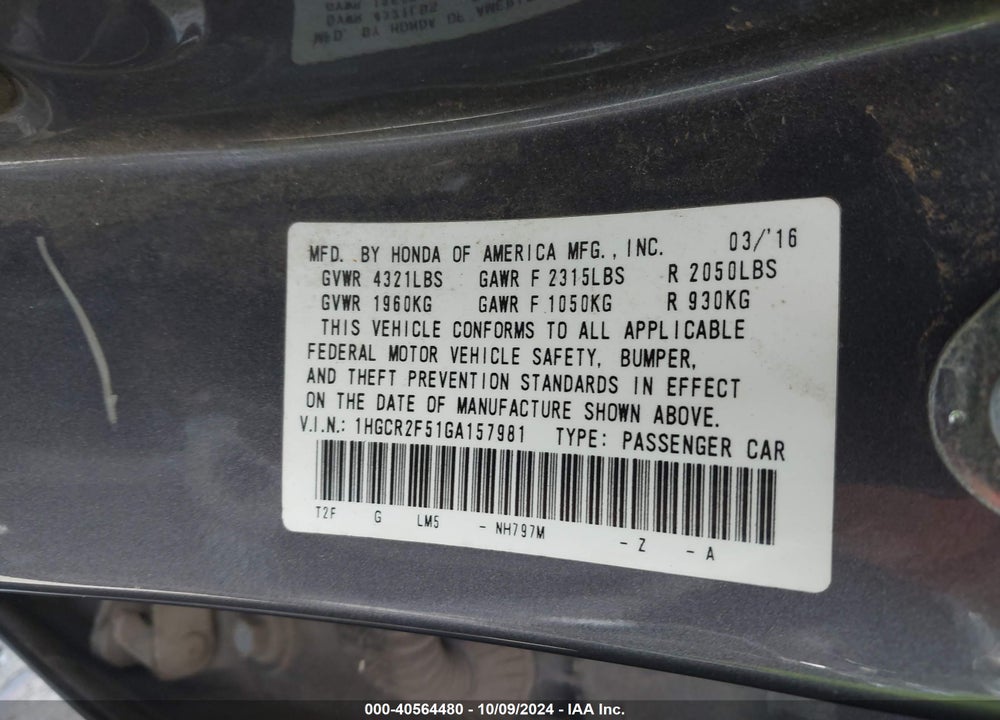 2016 HONDA ACCORD SPORT VIN: 1HGCR2F51GA157981