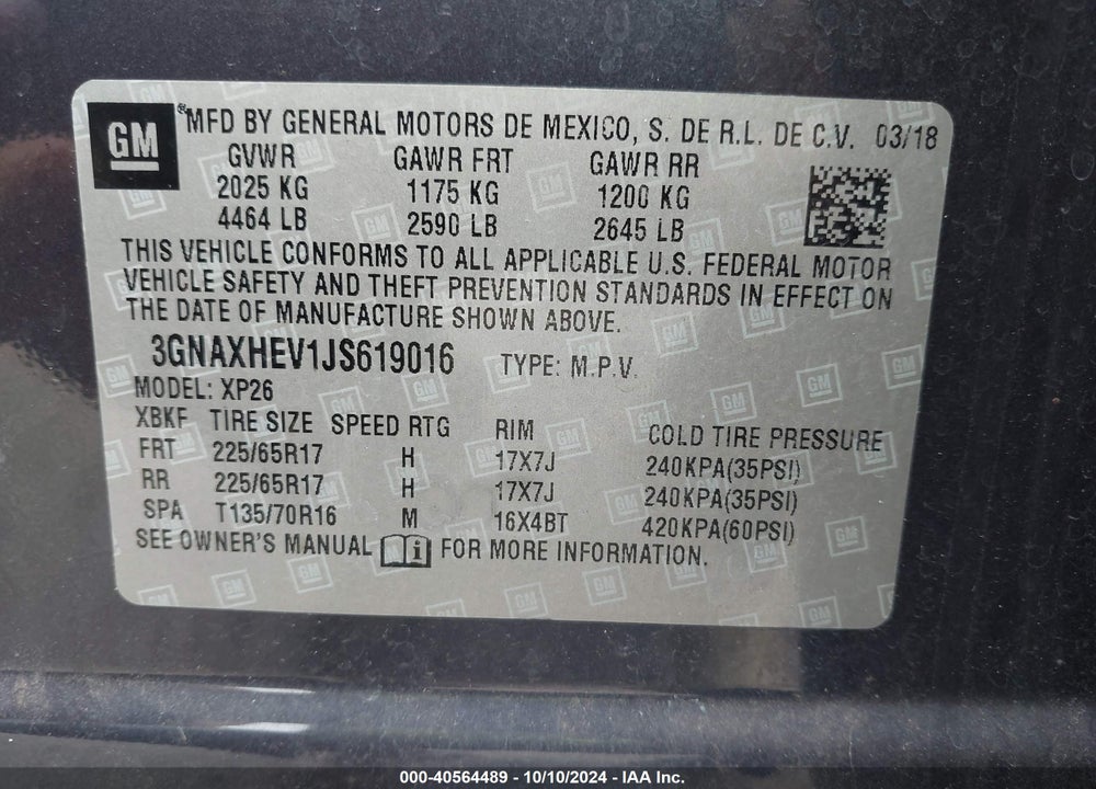 2018 CHEVROLET EQUINOX LS VIN: 3GNAXHEV1JS619016