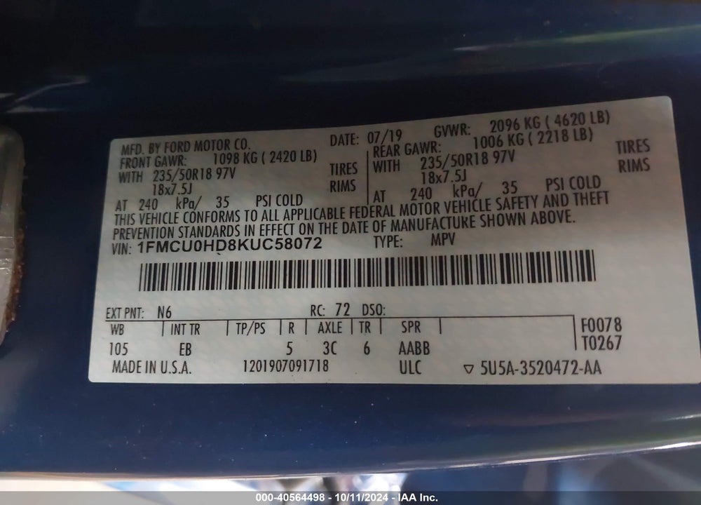 2019 FORD ESCAPE SEL VIN: 1FMCU0HD8KUC58072