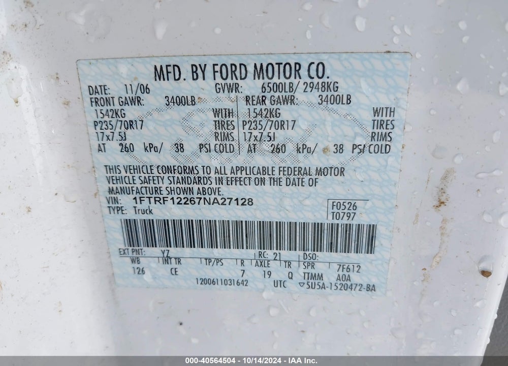 2007 FORD F-150 STX/XL/XLT VIN: 1FTRF12267NA27128