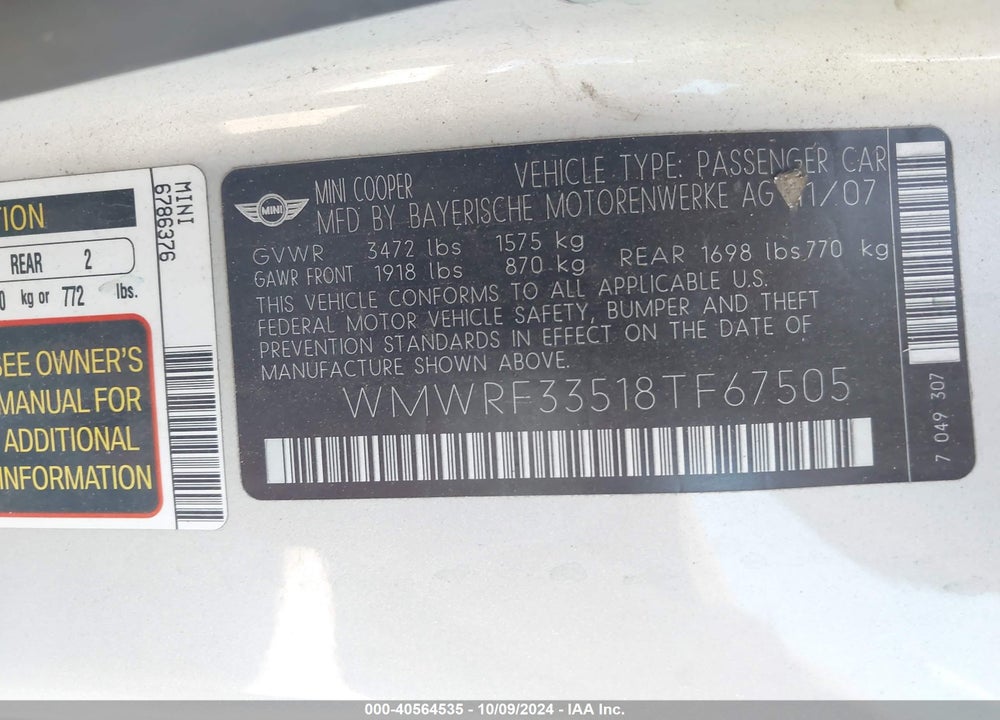 2008 MINI COOPER VIN: WMWRF33518TF67505