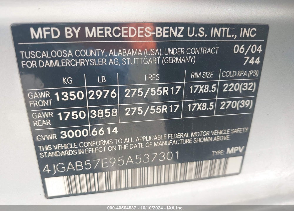 2005 MERCEDES-BENZ ML 350 4MATIC VIN: 4JGAB57E95A537301