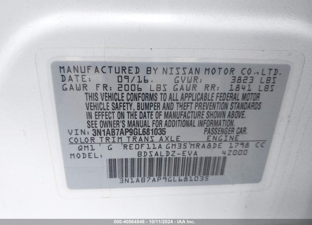 2016 NISSAN SENTRA SV VIN: 3N1AB7AP9GL681035
