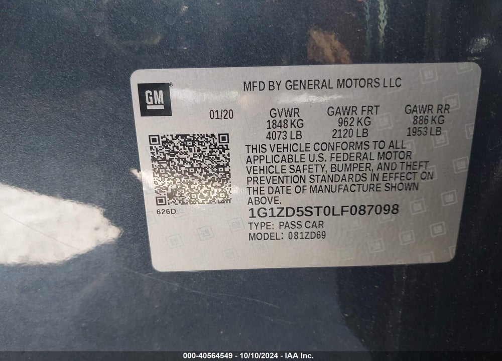 2020 CHEVROLET MALIBU FWD LT VIN: 1G1ZD5ST0LF087098
