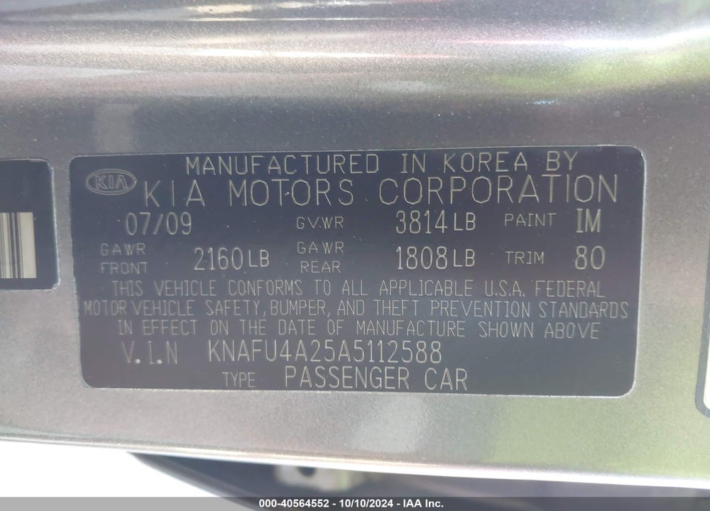 2010 KIA FORTE EX VIN: KNAFU4A25A5112588