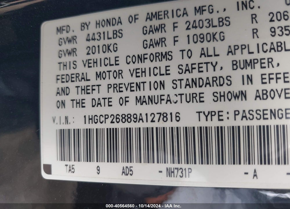 2009 HONDA ACCORD 2.4 EX-L VIN: 1HGCP26889A127816