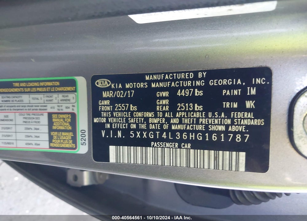 2017 KIA OPTIMA LX VIN: 5XXGT4L36HG161787