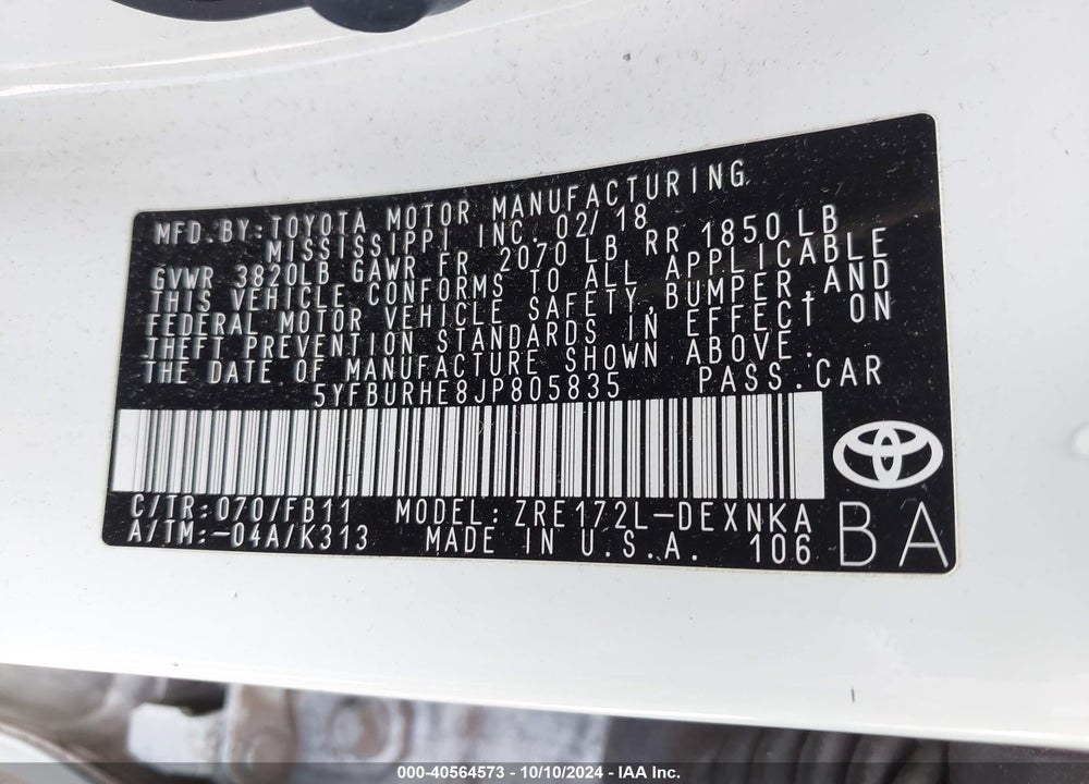 2018 TOYOTA COROLLA LE VIN: 5YFBURHE8JP805835