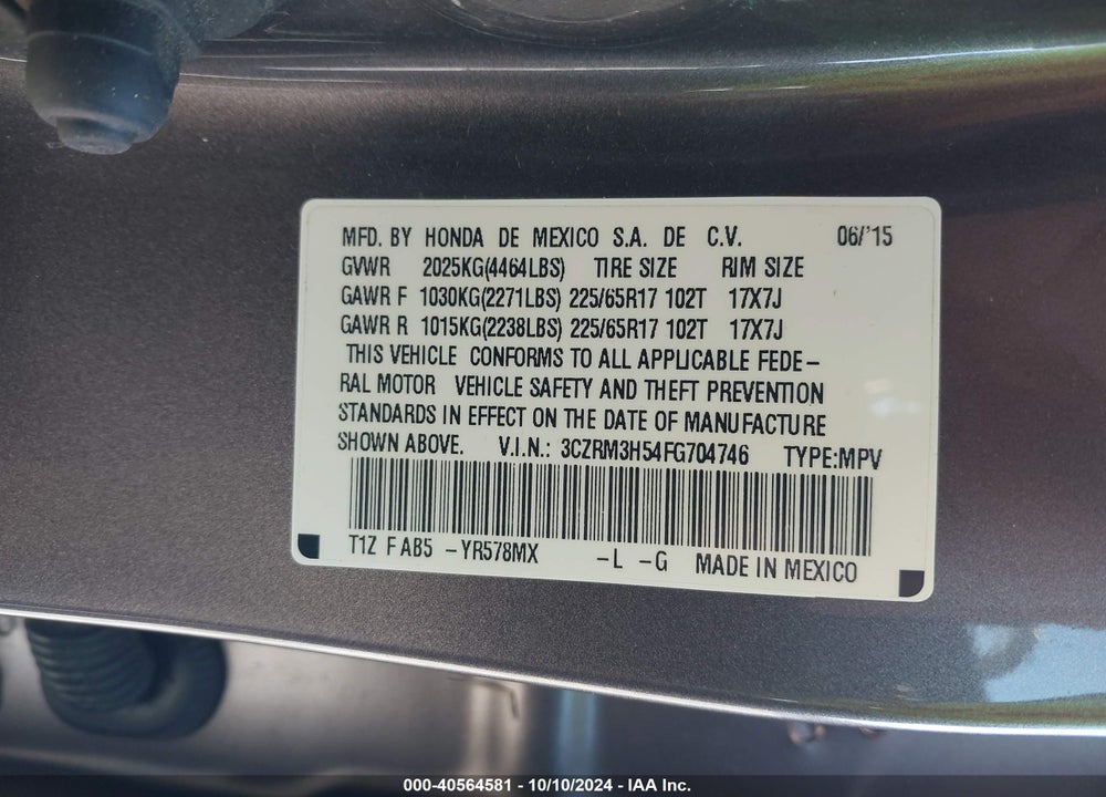 2015 HONDA CR-V EX VIN: 3CZRM3H54FG704746
