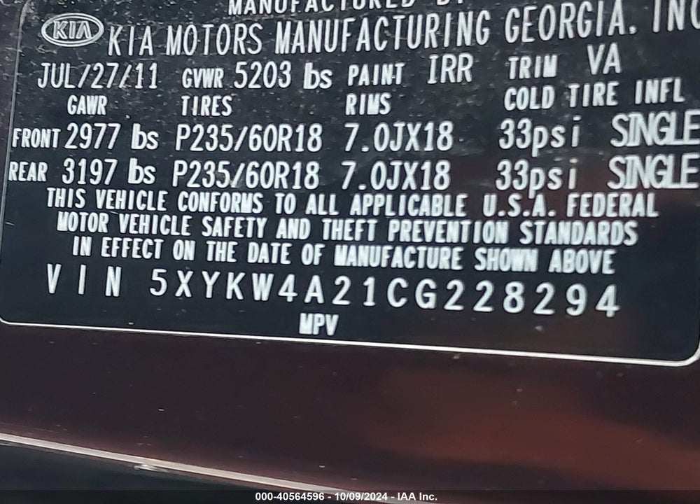 2012 KIA SORENTO SX V6 VIN: 5XYKW4A21CG228294