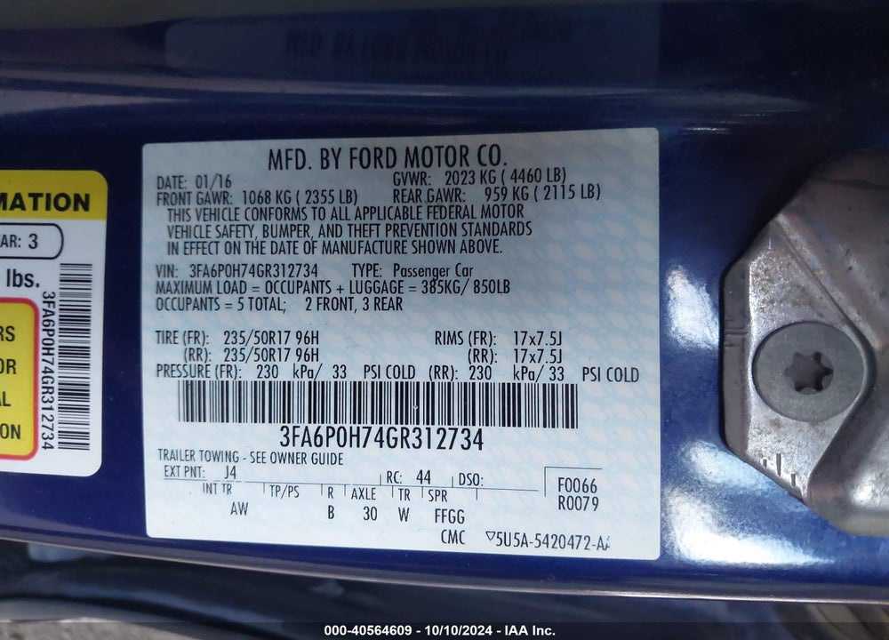 2016 FORD FUSION SE VIN: 3FA6P0H74GR312734