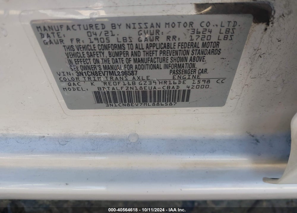 2021 NISSAN VERSA SV XTRONIC CVT VIN: 3N1CN8EV7ML886587