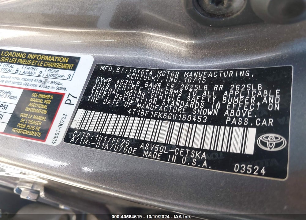 2016 TOYOTA CAMRY SE VIN: 4T1BF1FK6GU160453